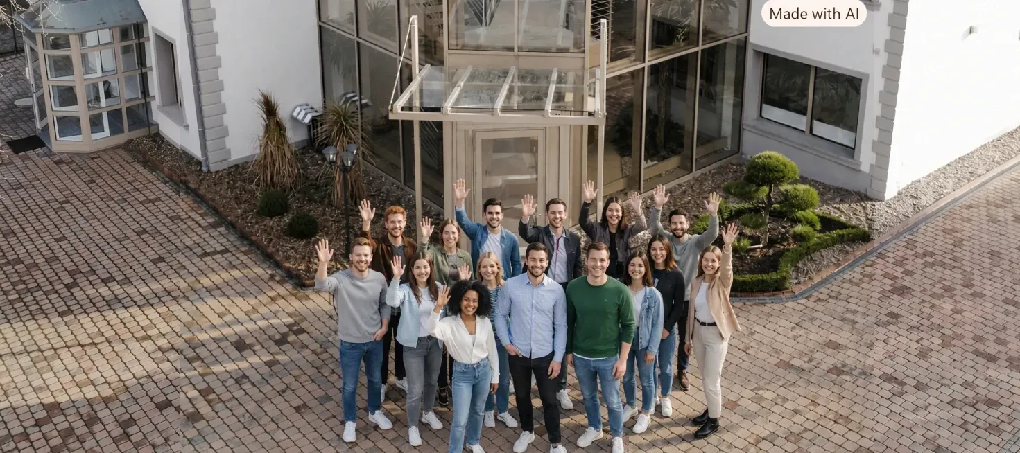 Azubis vor dem Paulwild Gebäude, Beispielfoto, mit KI erstellt.